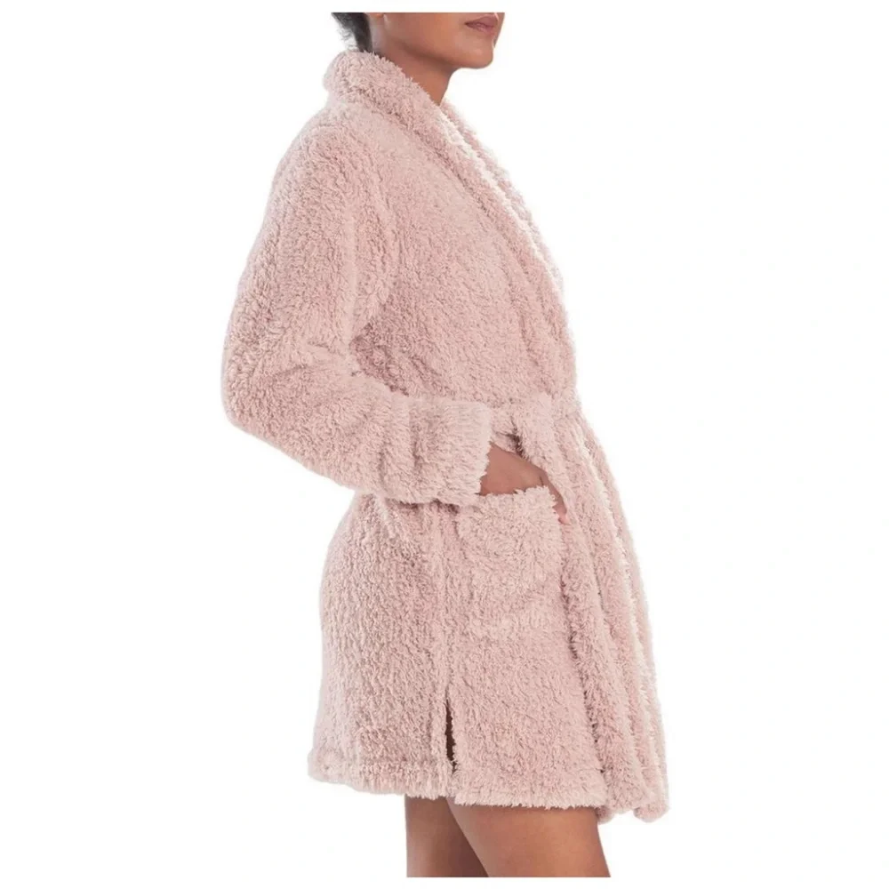 Natori Plush Lounge Cardigan Robe Fuzzy Teddy Sherpa in Rose Size L/XL